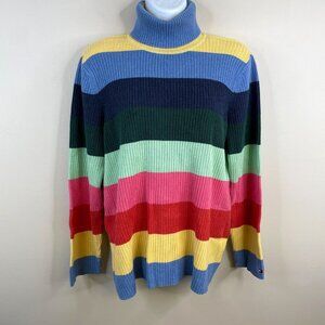 Vintage Hilfiger 90s Womens Rainbow Stripe Turtleneck Sweater Size L Pullover